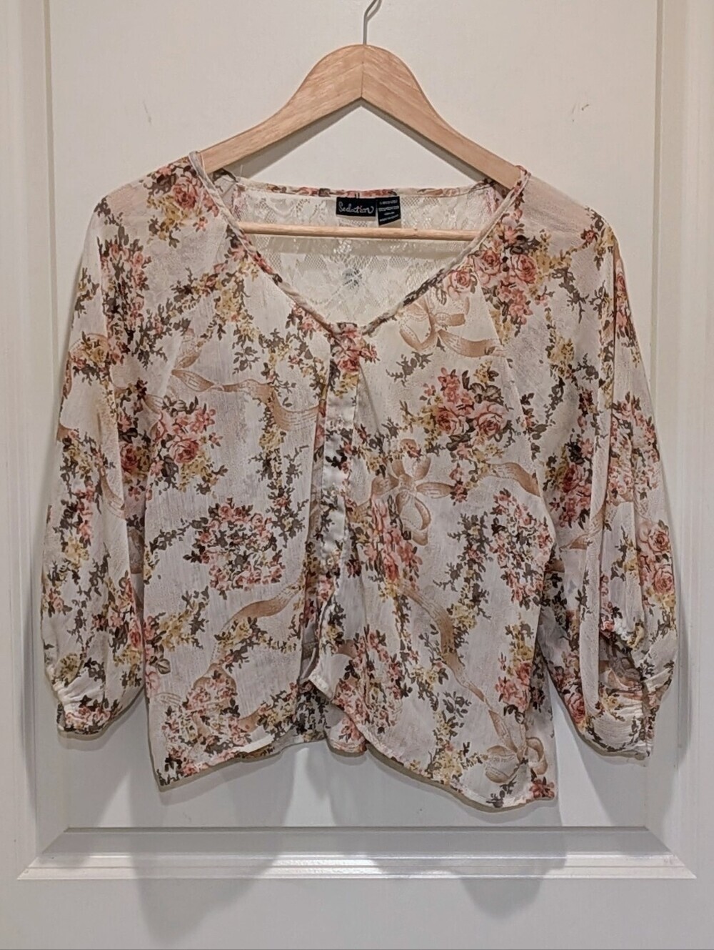 EUC Y2K Seduction M Vintage Sheer Floral Crop Blouse with Lace Back Panel